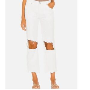 We the Free Free People Maggie mid rise ripped‎ straight button fly white jeans